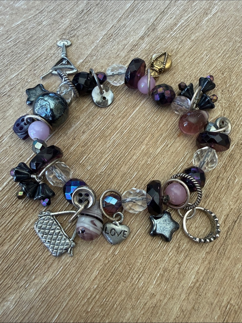 Silver Charm Bracelet with Purple and Clear Beads